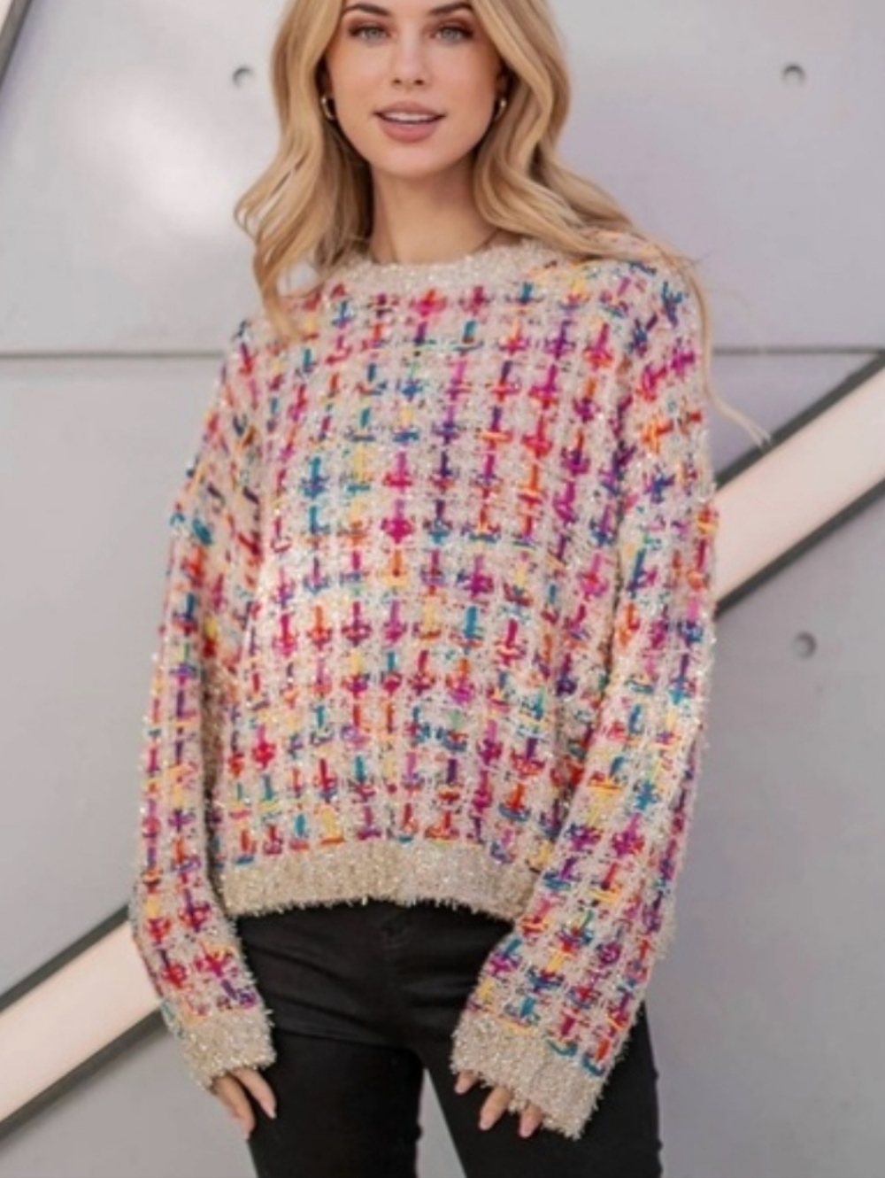 Andrew Marc Multicolor Tweed Crewneck Sweater in Cream with Rainbow Accents